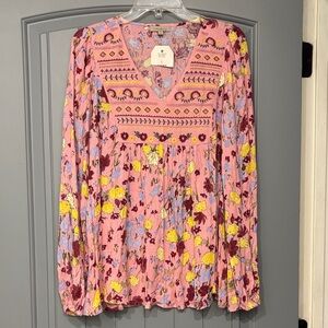 NWT Wonderly Pink Floral Boho Long Sleeve Blouse with embroidery top portion